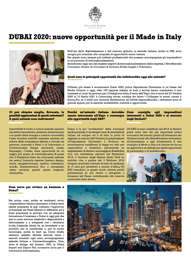 Dubai 2020: nuove opportunità per il Made in Italy